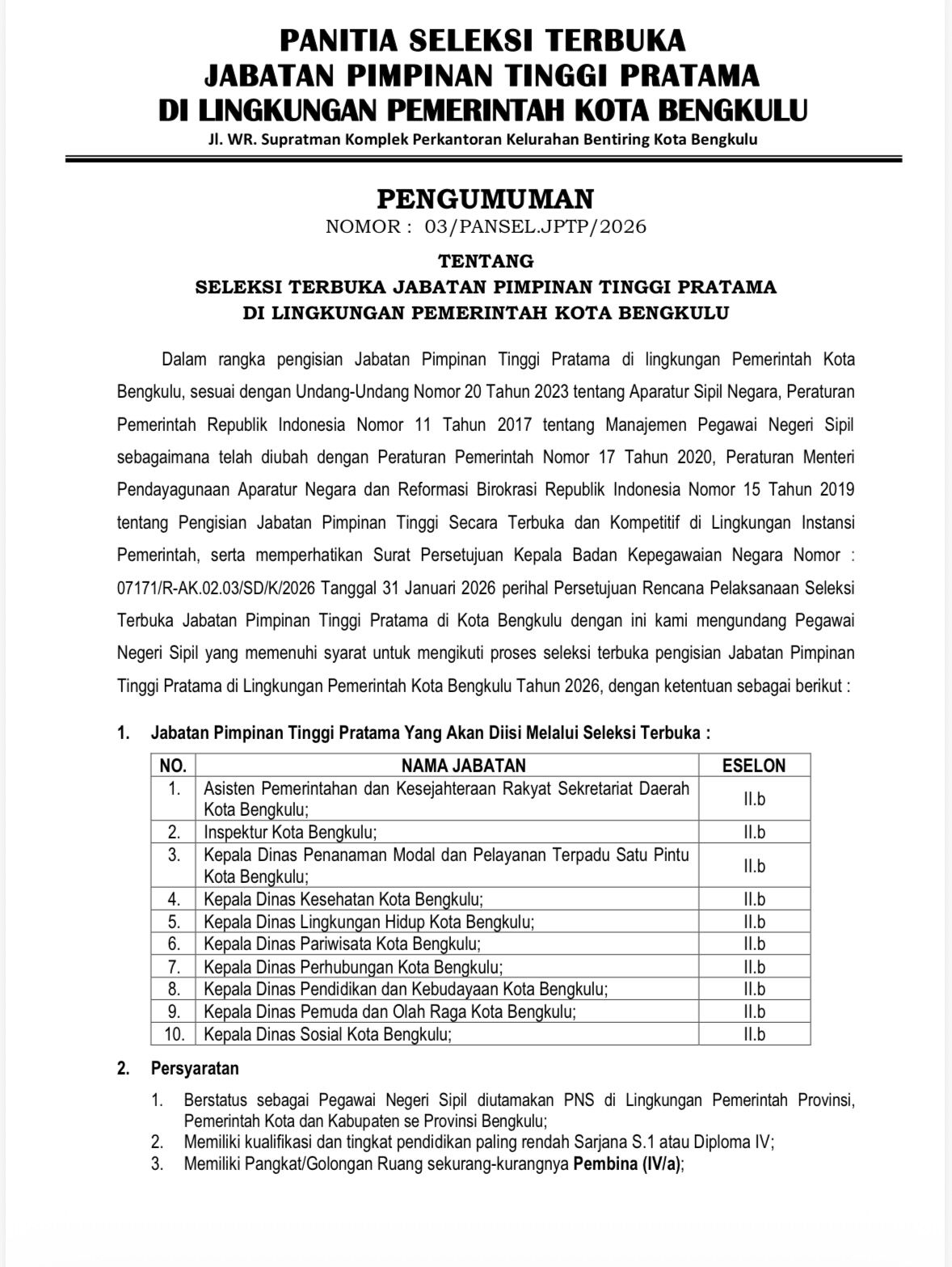 Pemkot Bengkulu Buka Seleksi Terbuka 10 Jabatan Pimpinan Tinggi Pratama
