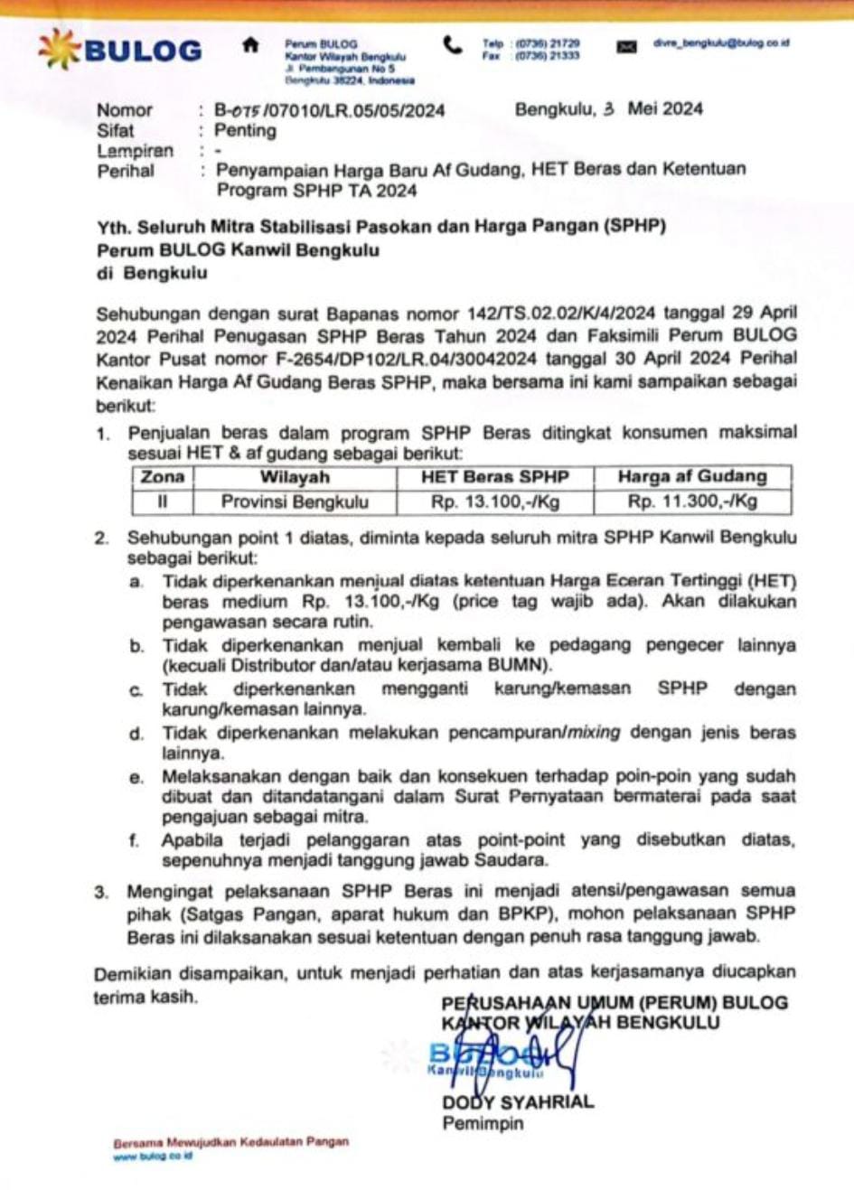 Harga Beras SPHP di Wilayah Bengkulu Naik