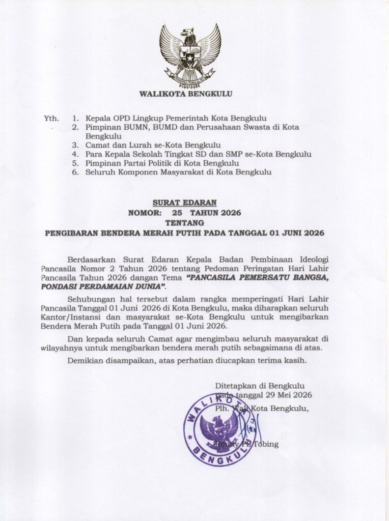 Pemkot Bengkulu Ajak Warga Kibarkan Merah Putih pada 1 Juni 2026