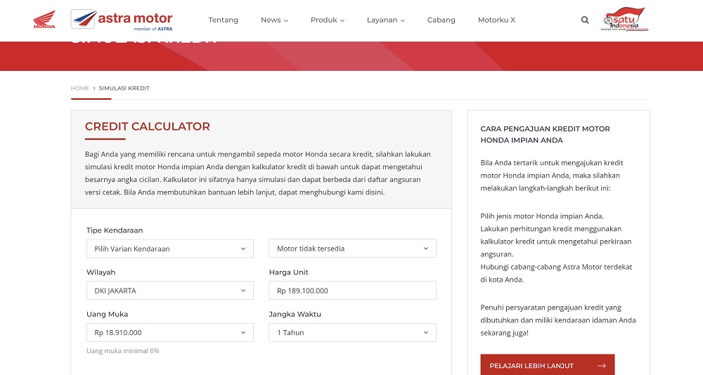 Cara Simulasi Kredit Motor Honda Langsung dari Web Resmi Honda