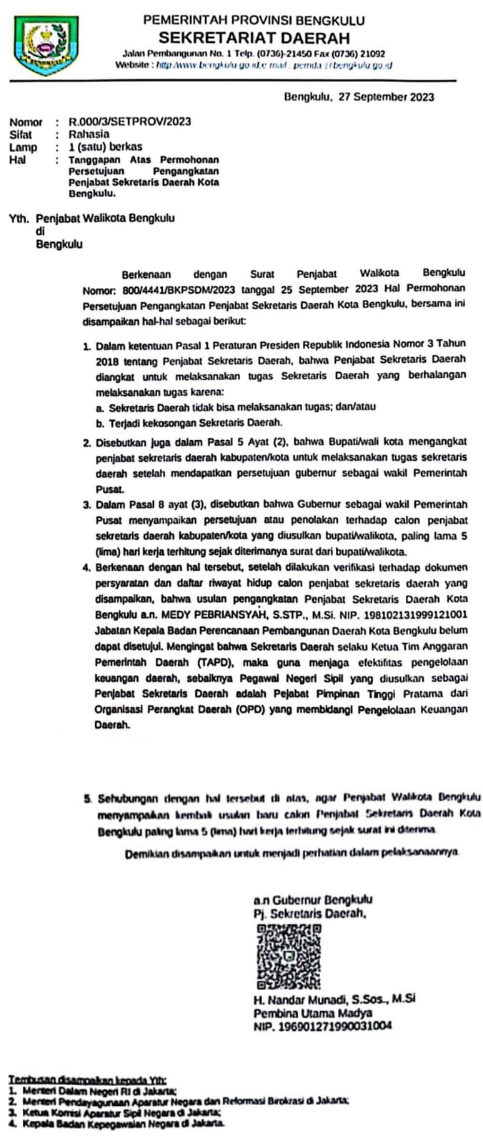 Gubernur Rohidin Tolak Medy Pebrinsyah Sebagai Pj Sekda Kota Bengkulu 