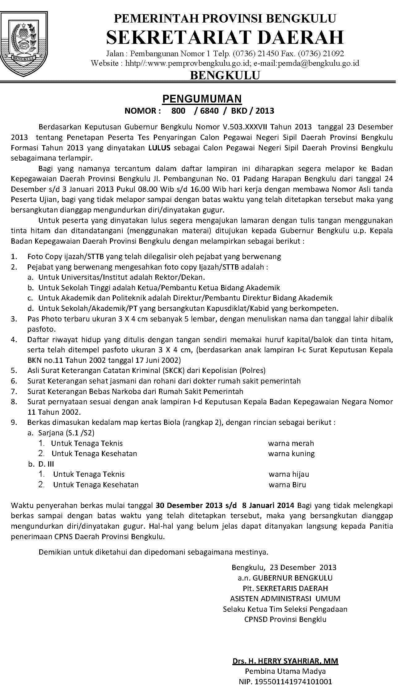 Pengumuman Hasil Tes CPNS Provinsi Bengkulu
