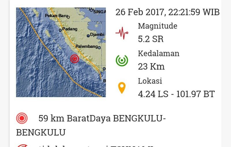 Bengkulu Diguncang Gempa 5,2 SR,  Tak Berpotensi Tsunami