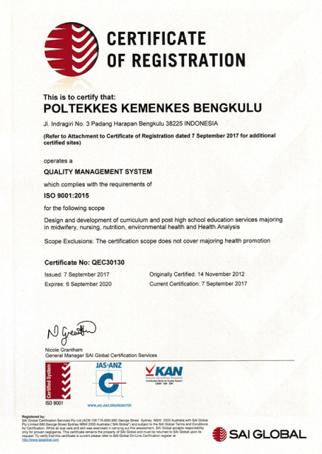 Poltekkes Kemenkes Bengkulu Meraih Certificate of Registration ISO 9001: 2015