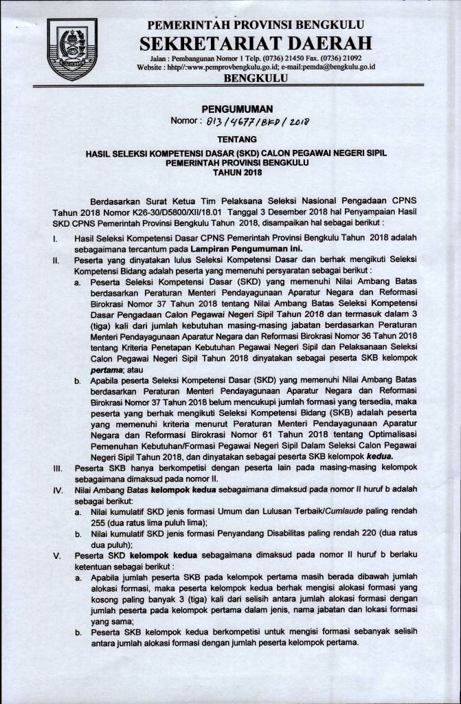 Pengumuman SKB CPNS Pemprov Bengkulu 2018 Bagian 1