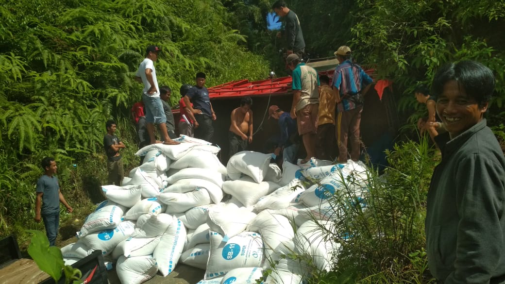 Truk Pakan Ayam Terbalik di Bengkulu Utara