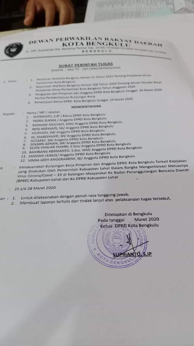 Beredar Surat 15 Anggota DPRD Kota Bengkulu DL, Marliadi: Tidak Ada Anggota Dewan DL
