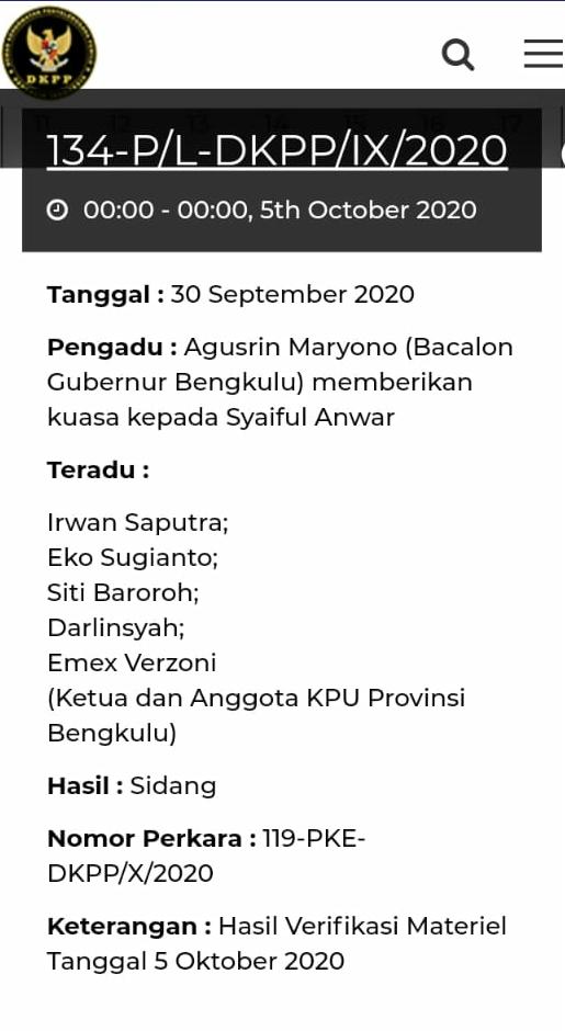 Agusrin Adukan KPU Provinsi Bengkulu ke DKPP