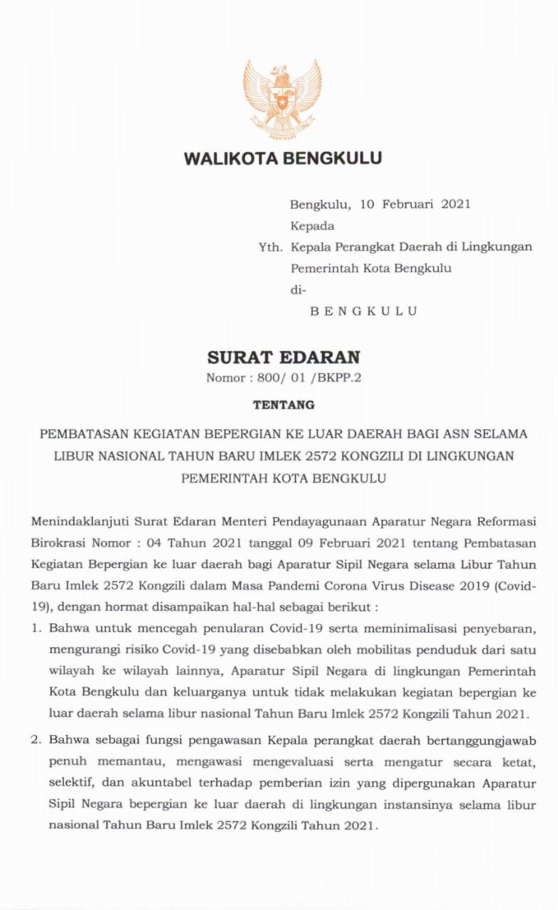 Liburan Imlek, Walikota Larang ASN Pergi ke Luar Daerah