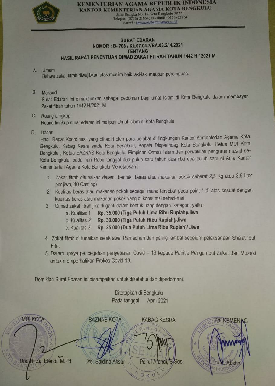 Berikut Besaran Zakat Fitra Kota Bengkulu