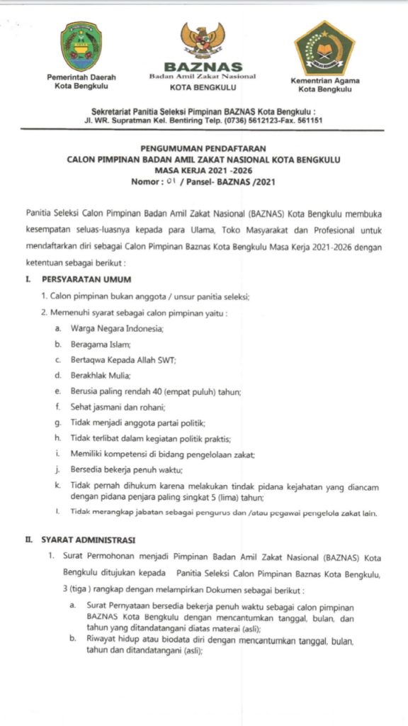 Pemkot Buka Pendaftaran Calon Pimpinan Basnaz Periode 2021-2026