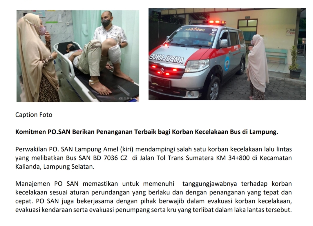 PO SAN Berikan Penanganan Terbaik bagi Korban Kecelakaan Bus di Lampung