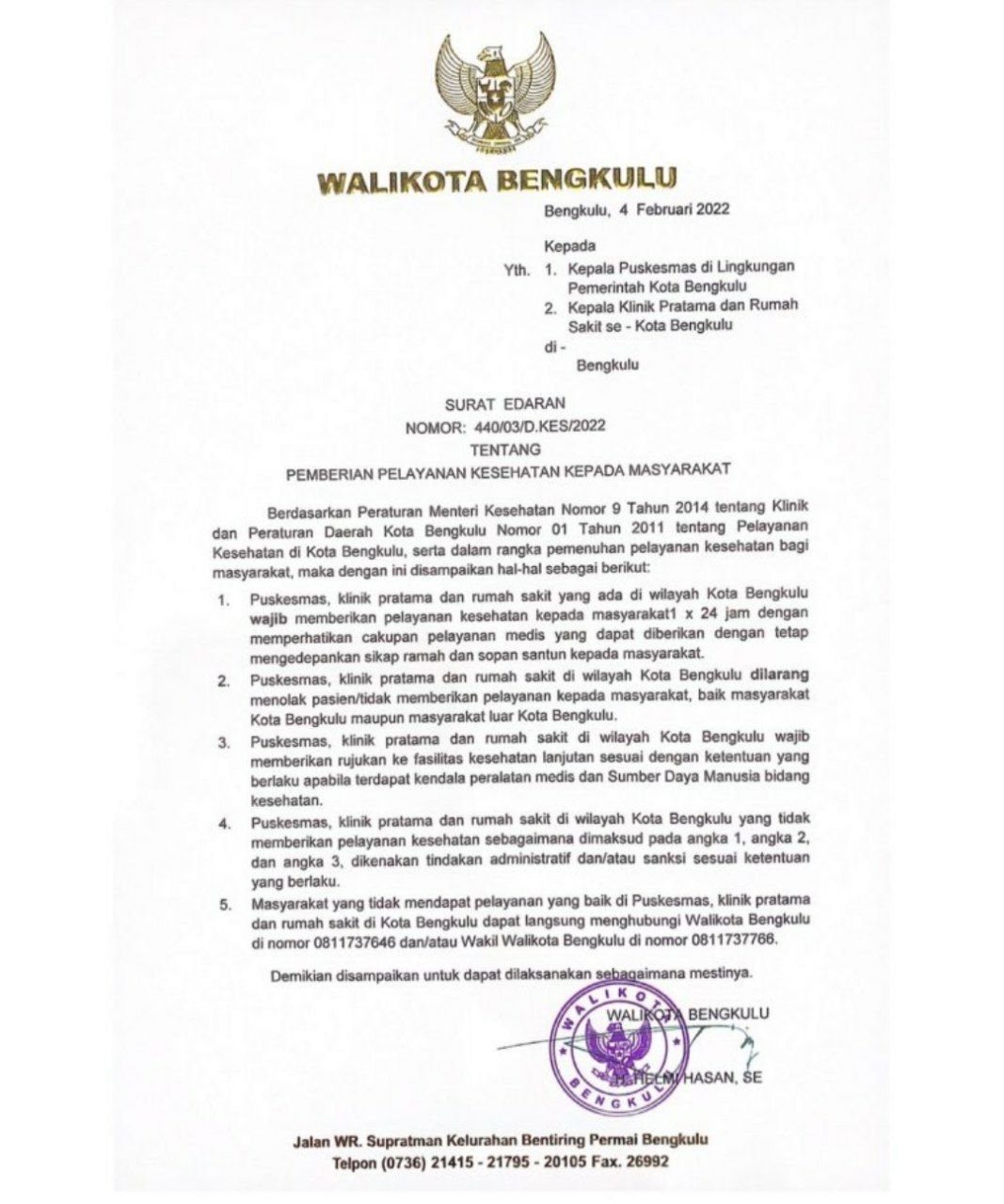 Fasyankes Kota Bengkulu Dilarang Tolak Pasien