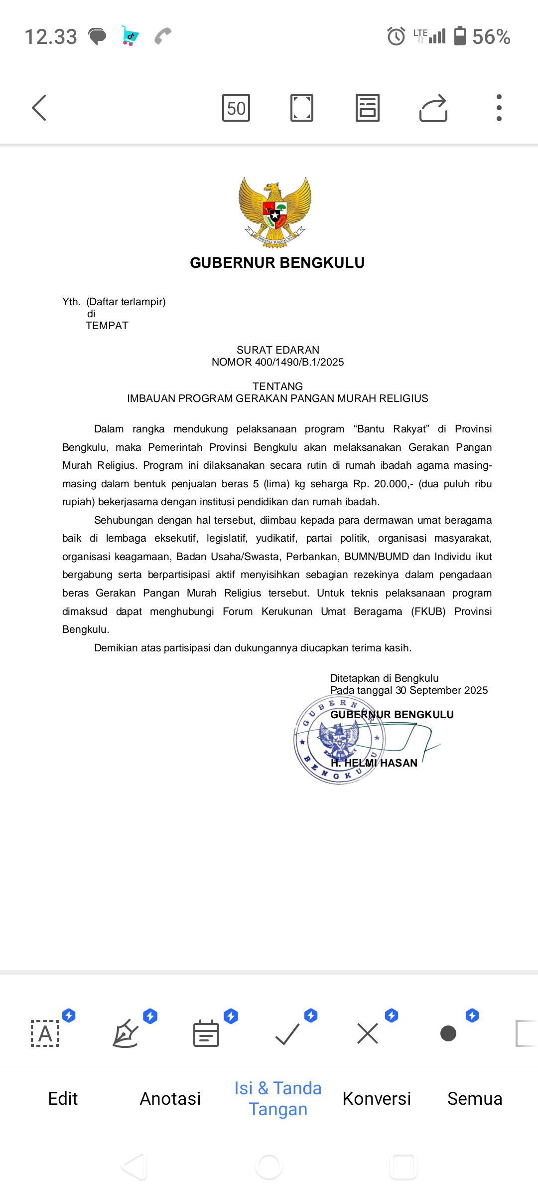 Gubernur Helmi Hadirkan Pangan Murah, Beras Seharga Rp 20 ribu Bisa Dibeli di Rumah Ibadah 