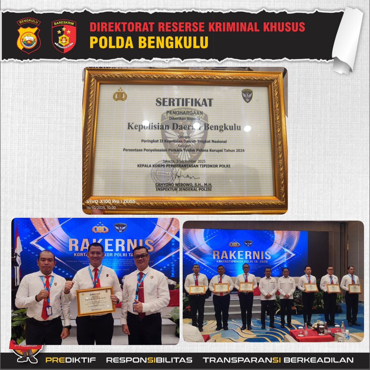 Integritas Jadi Kunci, Subdit Tipidkor Polda Bengkulu Raih Penghargaan Nasional dari Kabareskrim