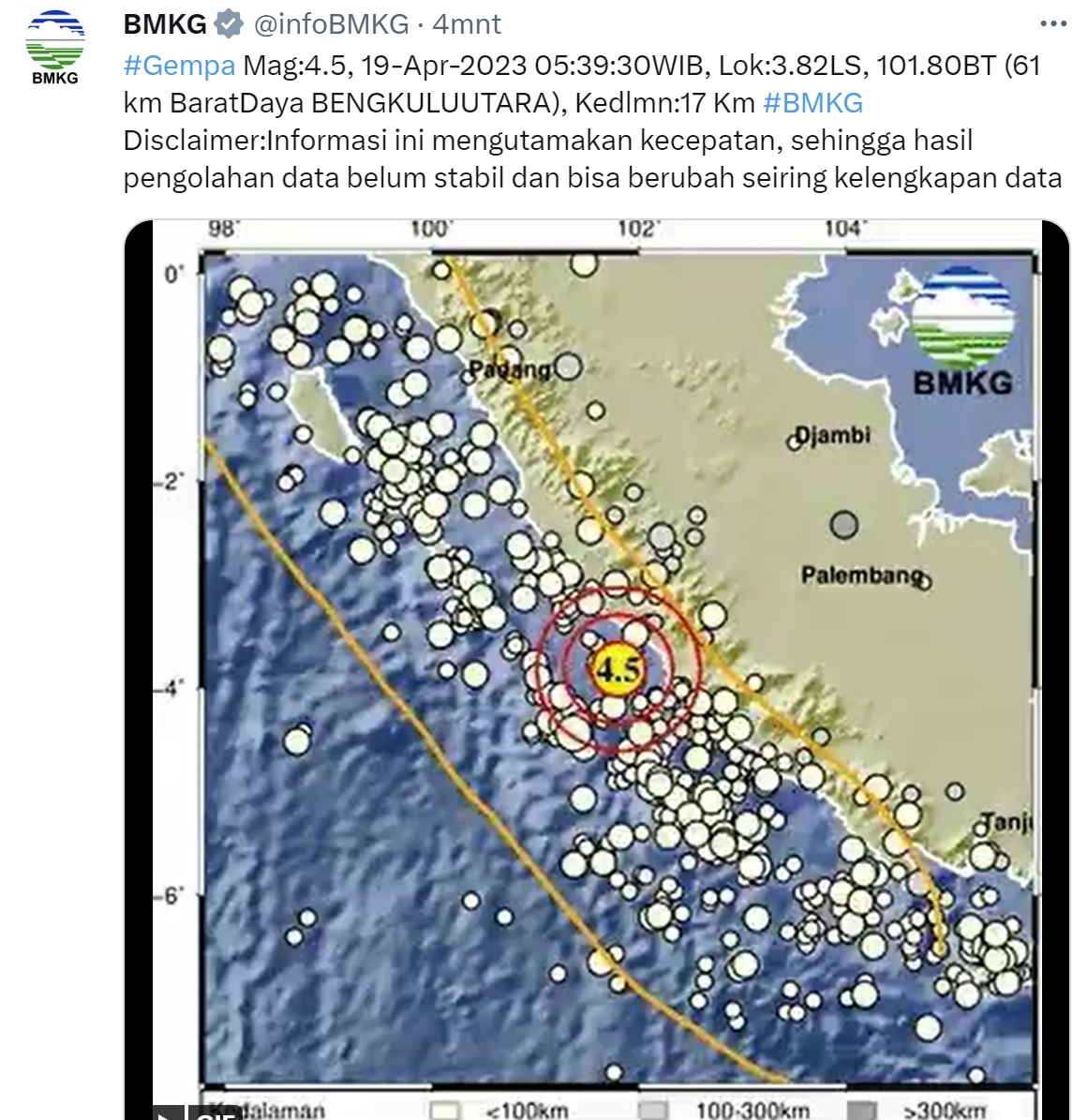 BREAKING NEWS! Bengkulu Diguncang Gempa 4.5 SR