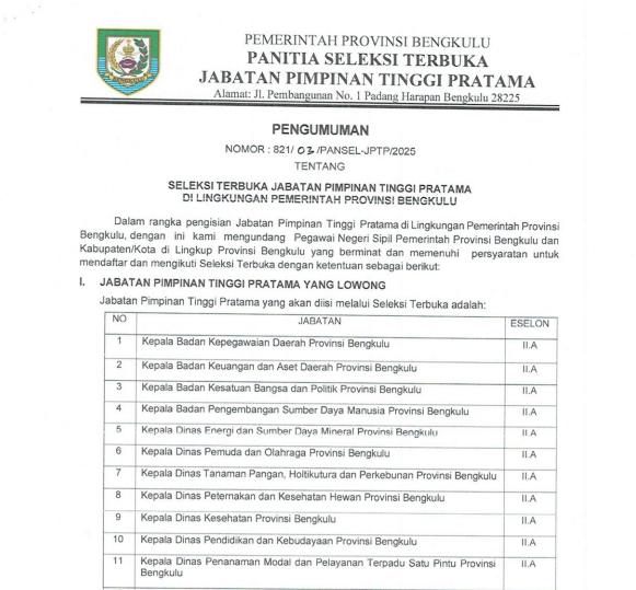 Berkarir di Pemprov Bengkulu, Ini Jadwal Lengkap Lelang Eselon II 
