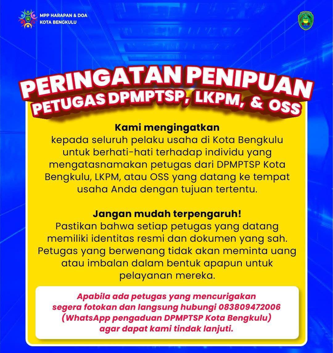 Marak Penipuan Mengatasnamakan Petugas DPMPTSP, LKMP dan OSS, Ini Imbauan Pemkot Bengkulu