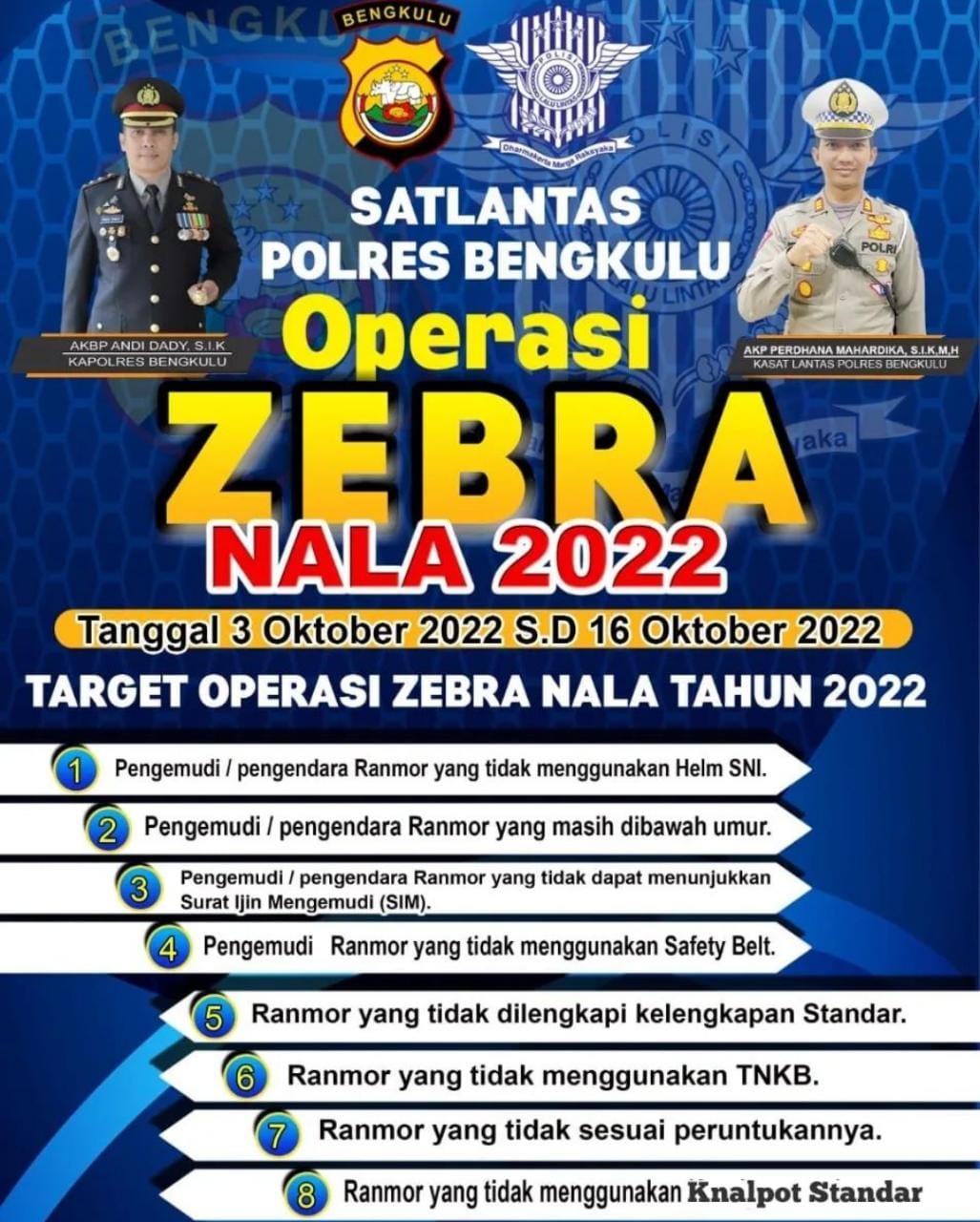 3 Oktober Polres Bengkulu Gelar Ops Zebra Nala II, Cek 8 Poin Target Pelanggaran