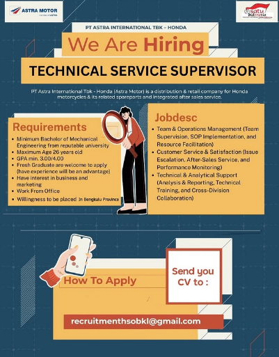 Astra Motor Bengkulu Buka Lowongan Technical Service Supervisor, Kesempatan Emas bagi Fresh Graduate
