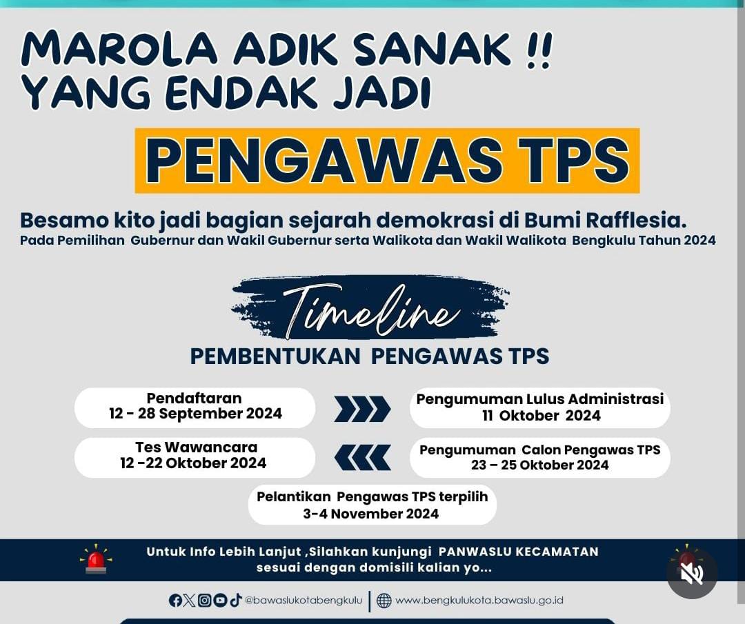 Bawaslu Kota Bengkulu Mulai Buka Pendaftaran Pengawas TPS Pilkada 2024, Segini Besaran Gajinya