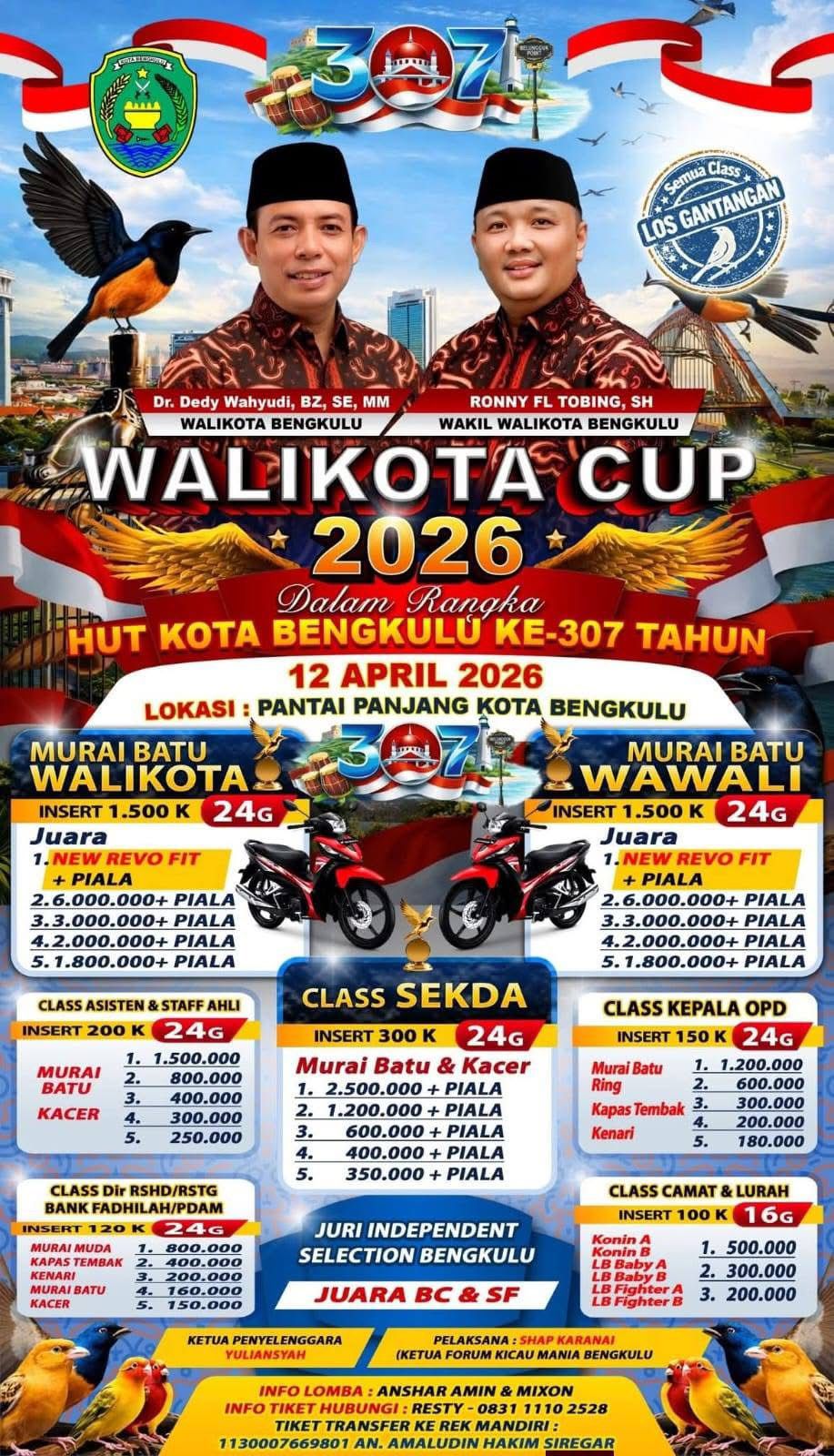 Walikota Cup Bengkulu 2026 Digelar di Pantai Panjang, Siapkan Dua Motor untuk Juara Murai Batu