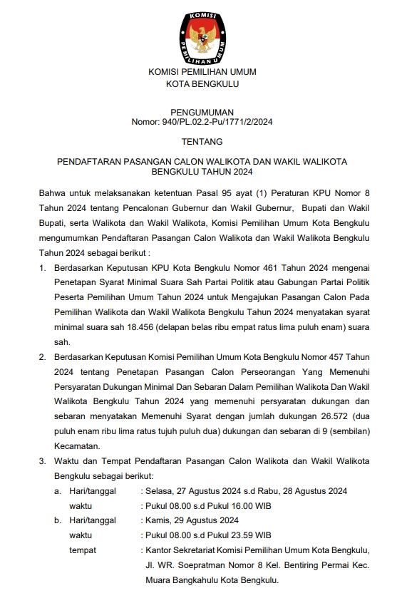 KPU Kota Bengkulu Resmi Buka Pendaftaran Pasangan Calon Walikota dan Wakil Walikota Bengkulu 2024