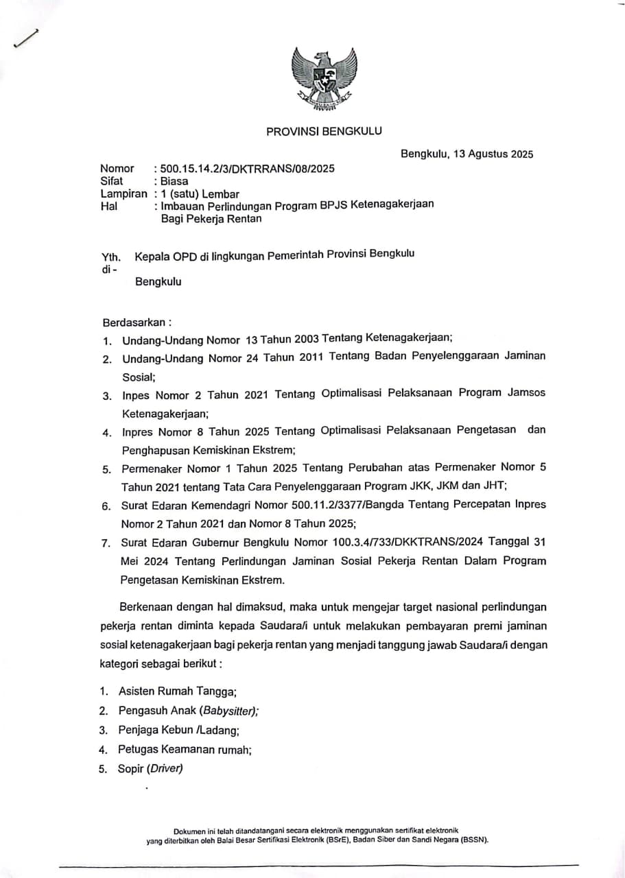 Pemprov Bengkulu Jamin Pekerja Rentan Dapat Perlindungan