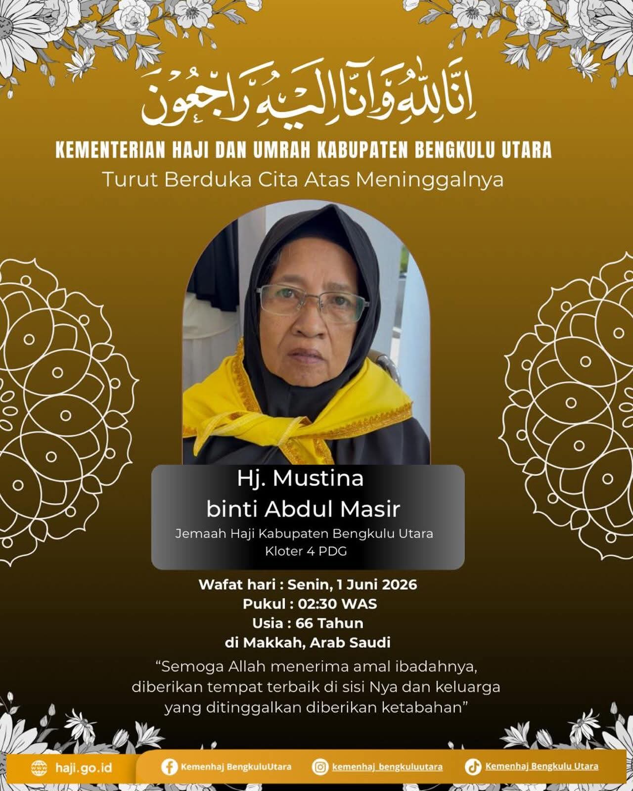 Kabar Duka dari Tanah Suci, Seorang Jemaah Haji Asal Bengkulu Utara Tutup Usia di Makkah