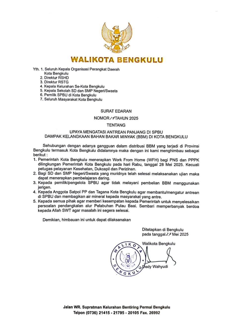 Krisis BBM Melanda, Pemkot Bengkulu Ambil Langkah Darurat, Terapkan WFH dan Belajar Daring!