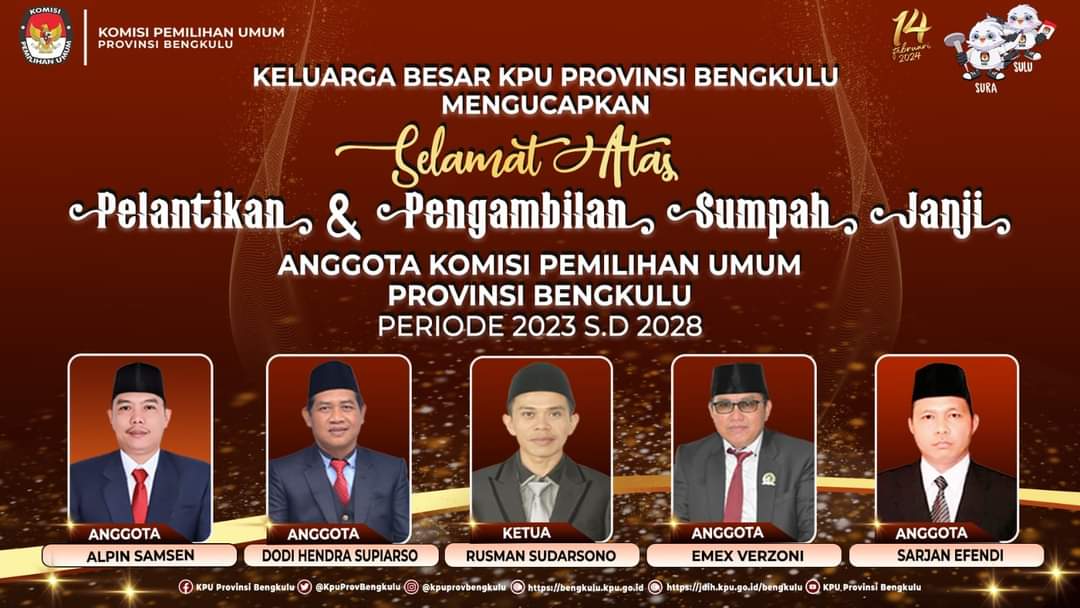 5 Komisioner KPU Provinsi Bengkulu Dilantik, Rusman Sudarsono Jabat Ketua 