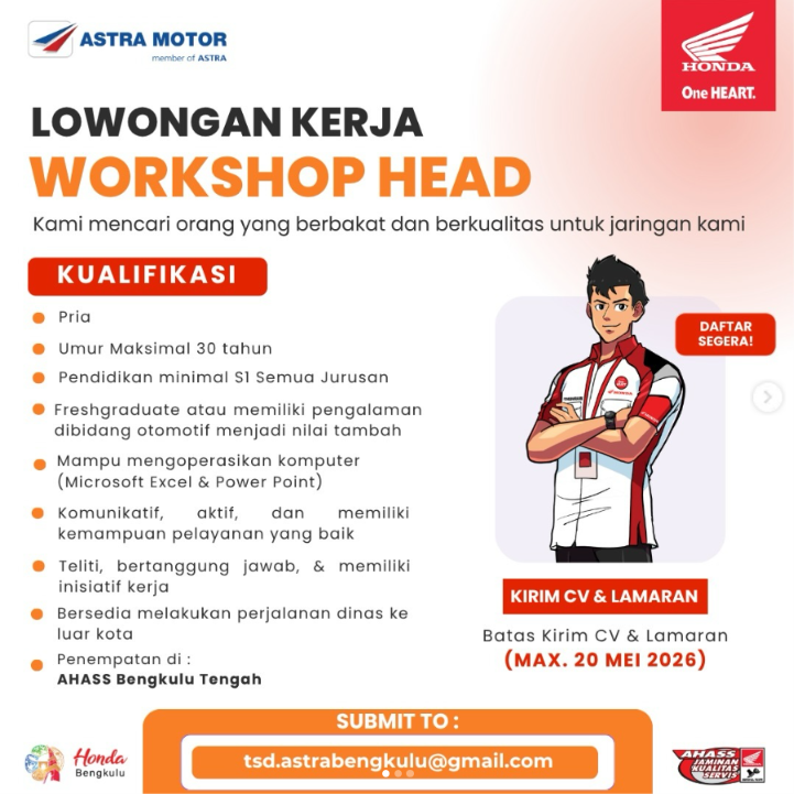 Tertarik Bergabung dengan Honda? Astra Motor Bengkulu Buka Rekrutmen untuk Kota Bengkulu dan Benteng