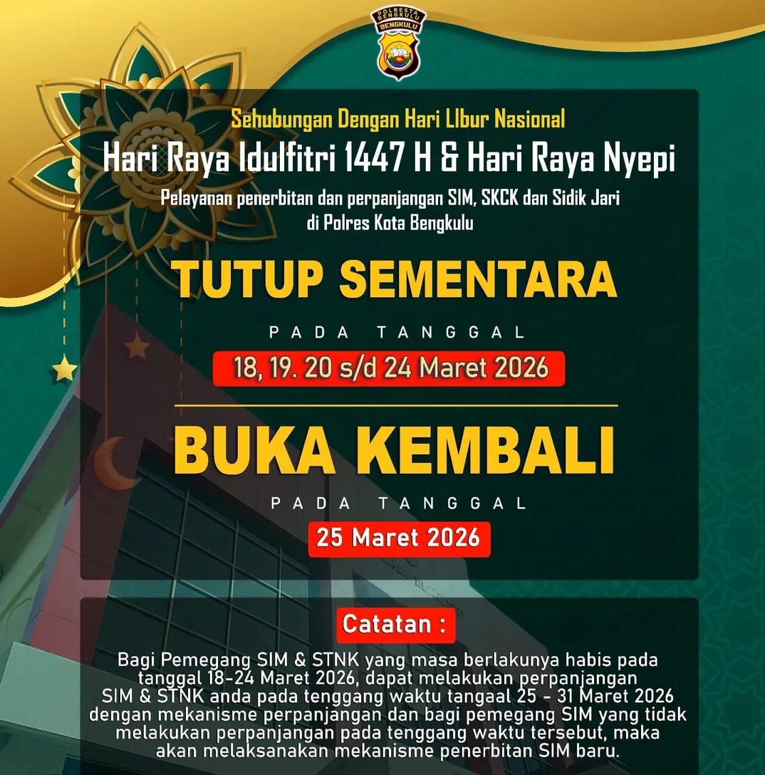 Layanan SIM dan SKCK di Polresta Bengkulu Tutup Sementara Saat Nyepi dan Lebaran, Ini Jadwalnya
