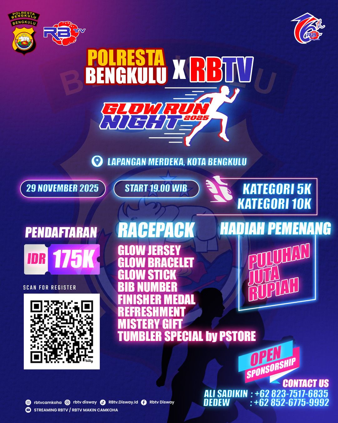 RBTV dan Polresta Bengkulu Gelar “Glow Run Night 2025” Sambut HUT RBTV