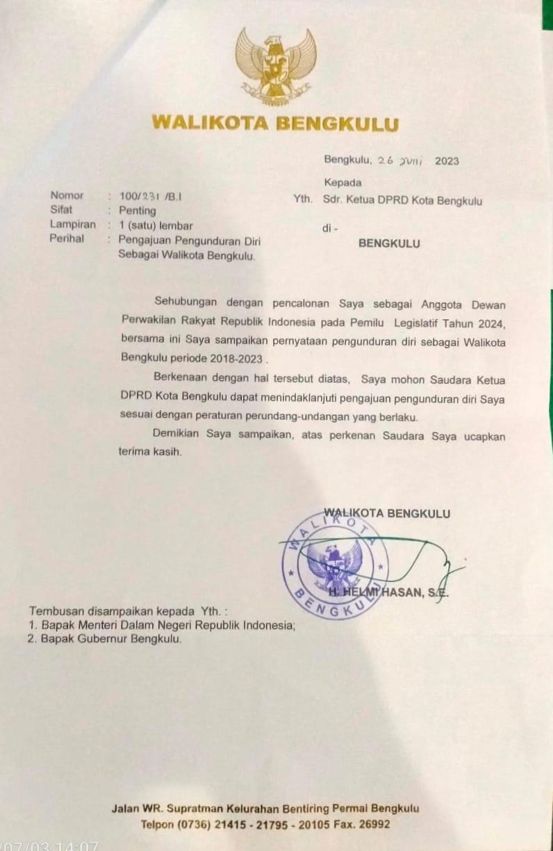 Surat Pengajuan Pengunduran Diri Walikota Disampaikan ke DPRD Kota Bengkulu