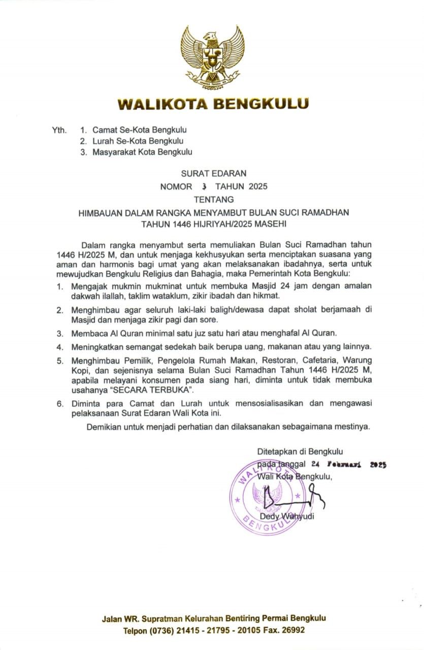 Ramadhan 2025 di Bengkulu, 6 Poin Imbauan untuk Suasana Ibadah yang Khusyuk