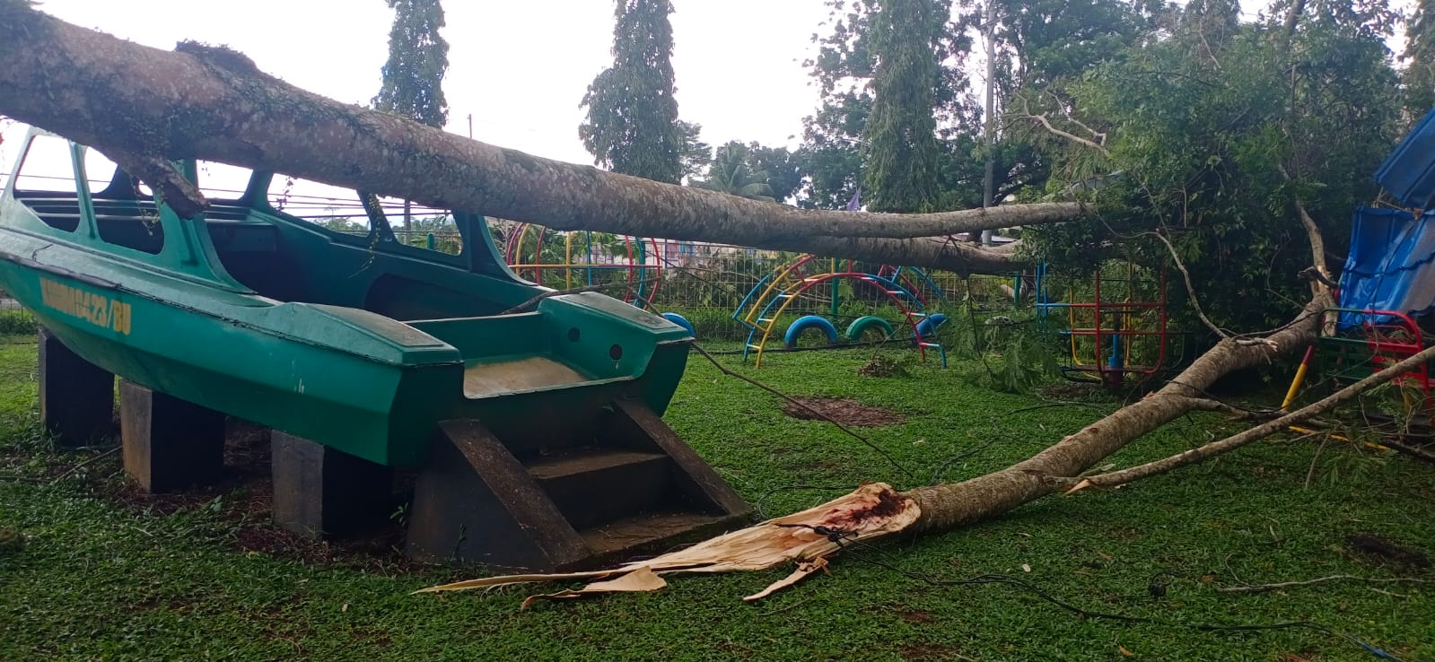 Tumbang, Pohon Hantam TK dan Tiang Listrik di Depan Koramil Arga Makmur