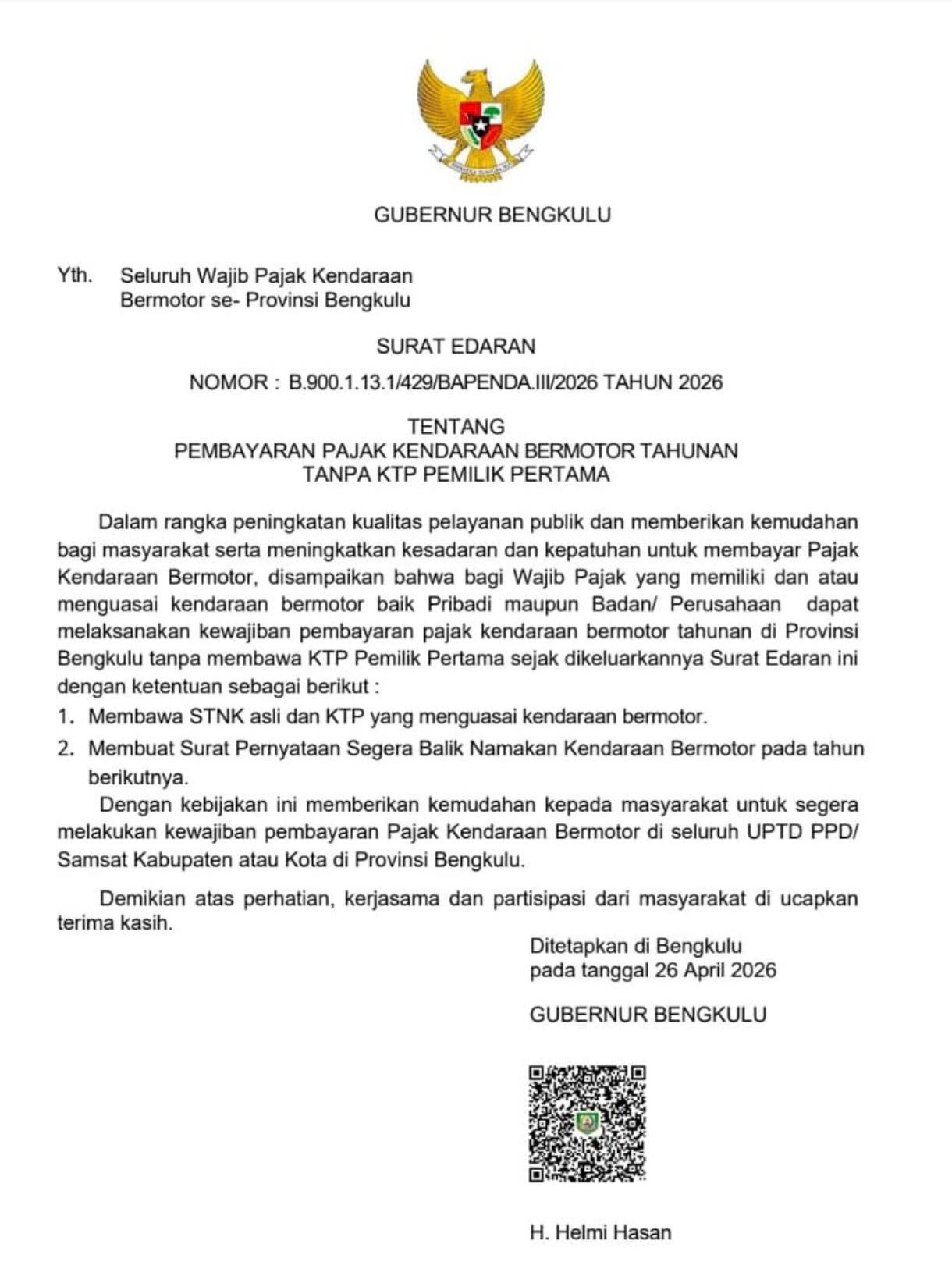 Terobosan Pemprov Bengkulu, Bayar Pajak Cukup STNK dan KTP Pengguna