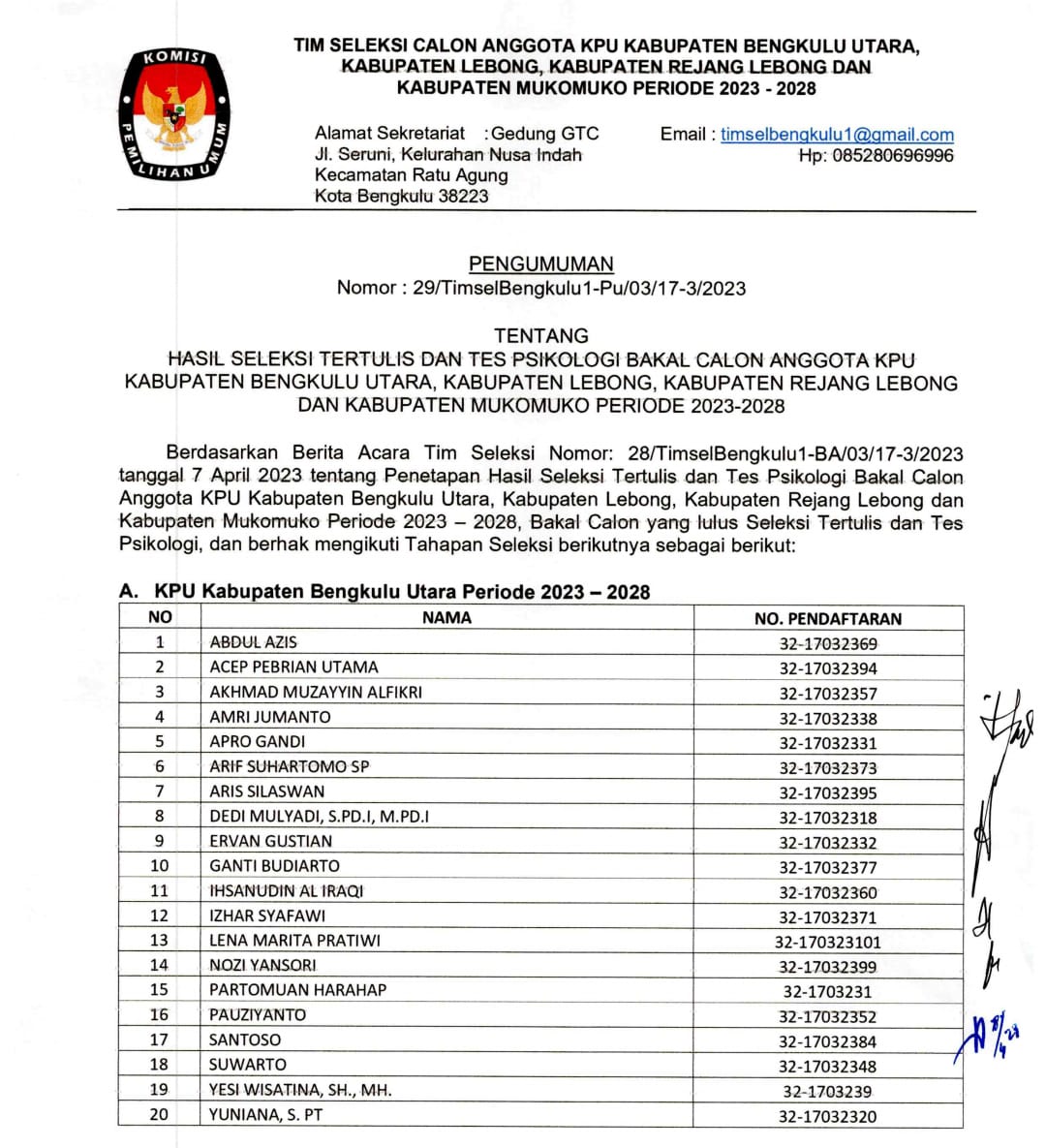 Nama-nama yang lulus 20 Besar Calon KPU Kabupaten/Kota di Provinsi Bengkulu 2023-2028