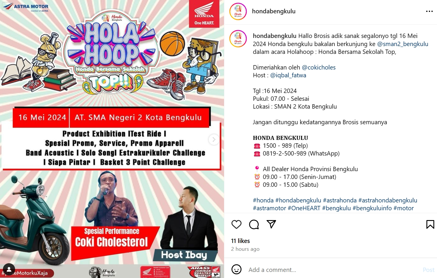 Jangan Lewatkan Hola Hoop Honda Bersama Sekolah di SMAN 2 Kota Bengkulu, Spesial Performance Coki Cholesterol
