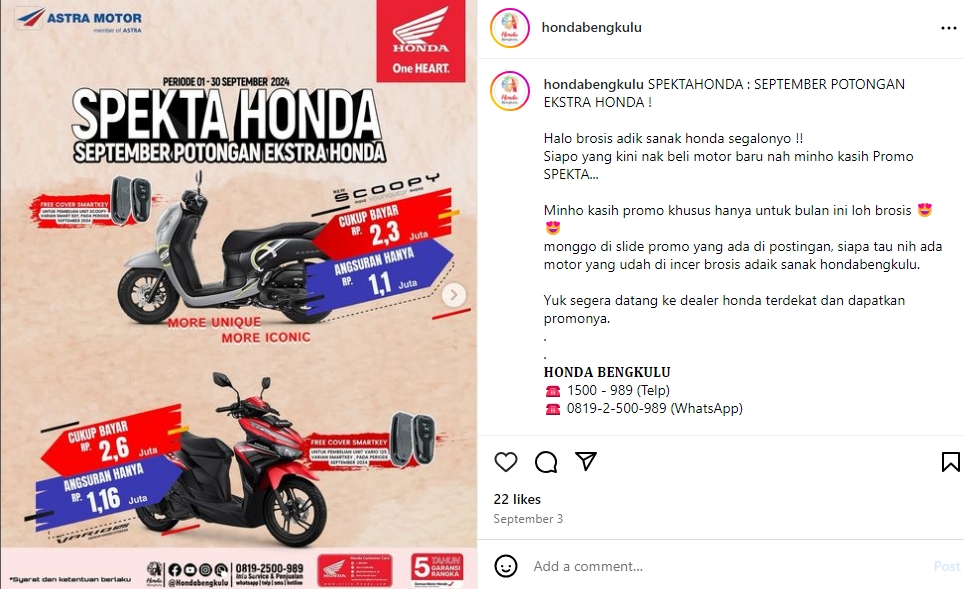 Spektakuler! Astra Motor Bengkulu Tawarkan Promo 'Spekta Honda September' dengan Potongan Ekstra 