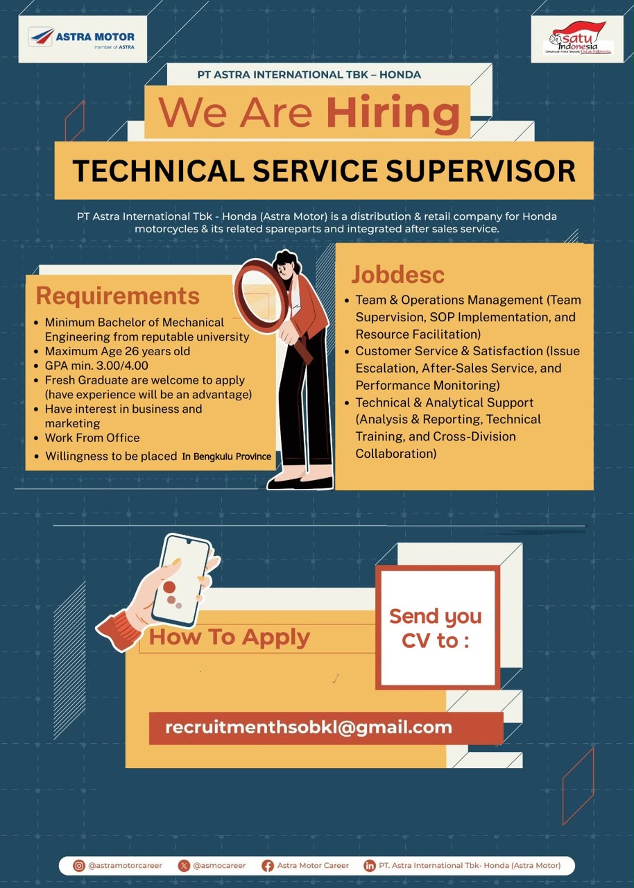 Astra Motor Cari Talenta Muda untuk Posisi Technical Service Supervisor