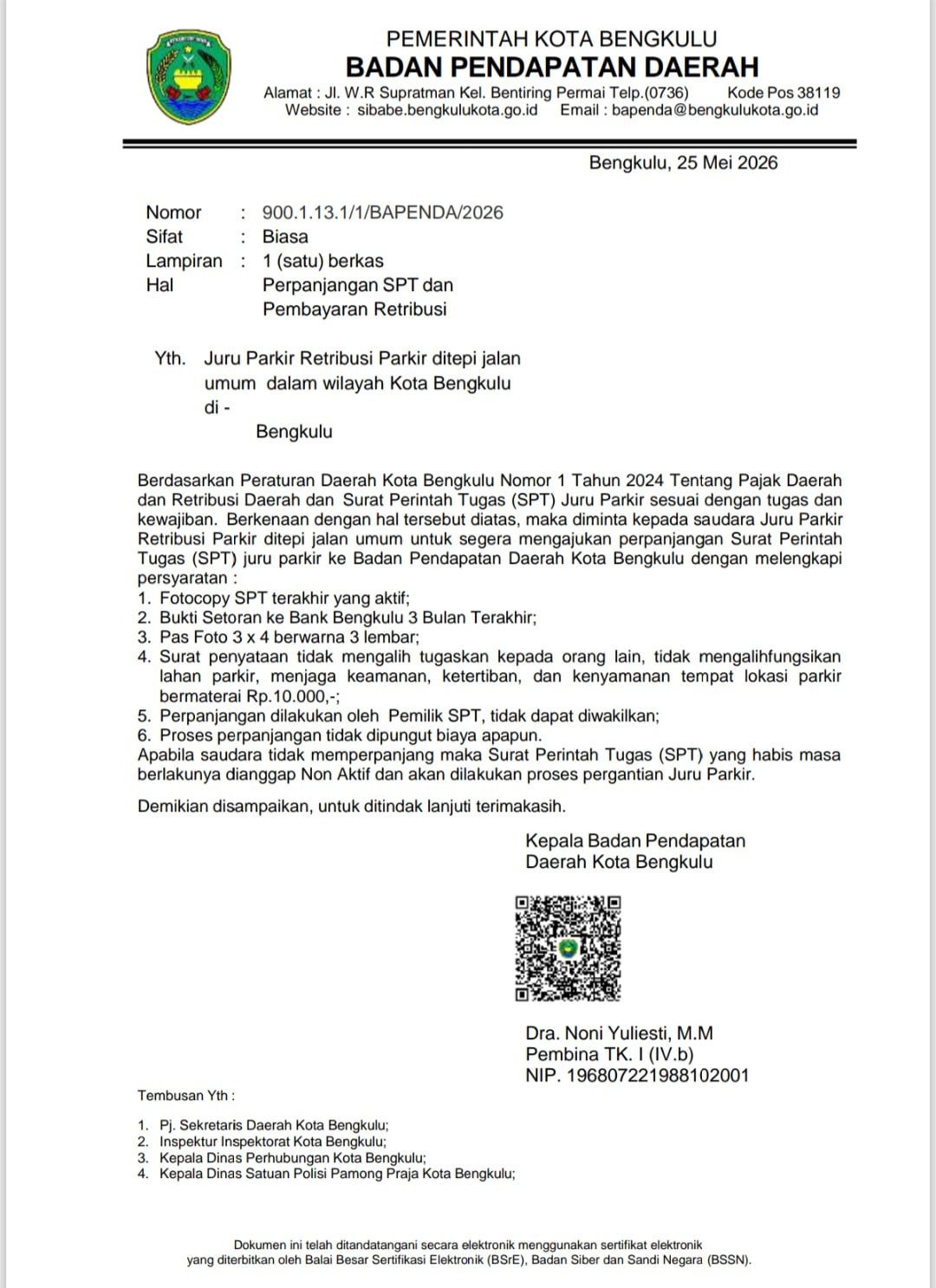 Bapenda Kota Bengkulu Imbau Juru Parkir Segera Perpanjang SPT