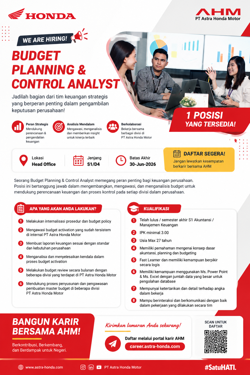 PT Astra Honda Motor Buka Lowongan Kerja Budget Planning dan Control Analyst 2026, Cek Syaratnya!