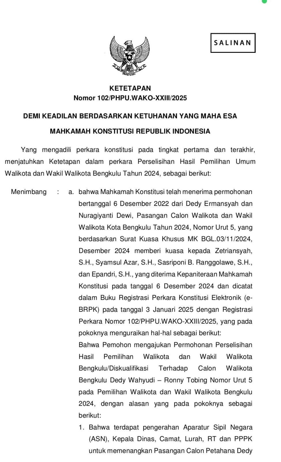 Walikota dan Wakil Walikota Bengkulu Terpilih, Dedy-Ronny, Dilantik 20 Februari 2025