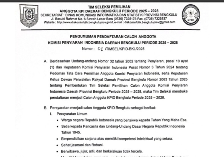 Pendaftaran Calon Komisioner KPID Bengkulu Dibuka, Ini Syarat dan Tahapannya