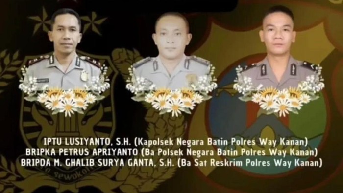 3 Polisi Tewas Ditembak Saat Gerebek Arena Sabung Ayam Milik Oknum TNI di Way Kanan, Pelaku Menyerahkan Diri