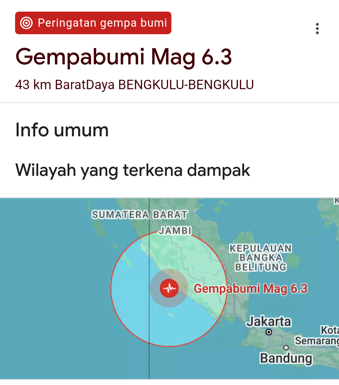 Gempabumi 6,3 SR Guncang Kota Bengkulu Dini Hari