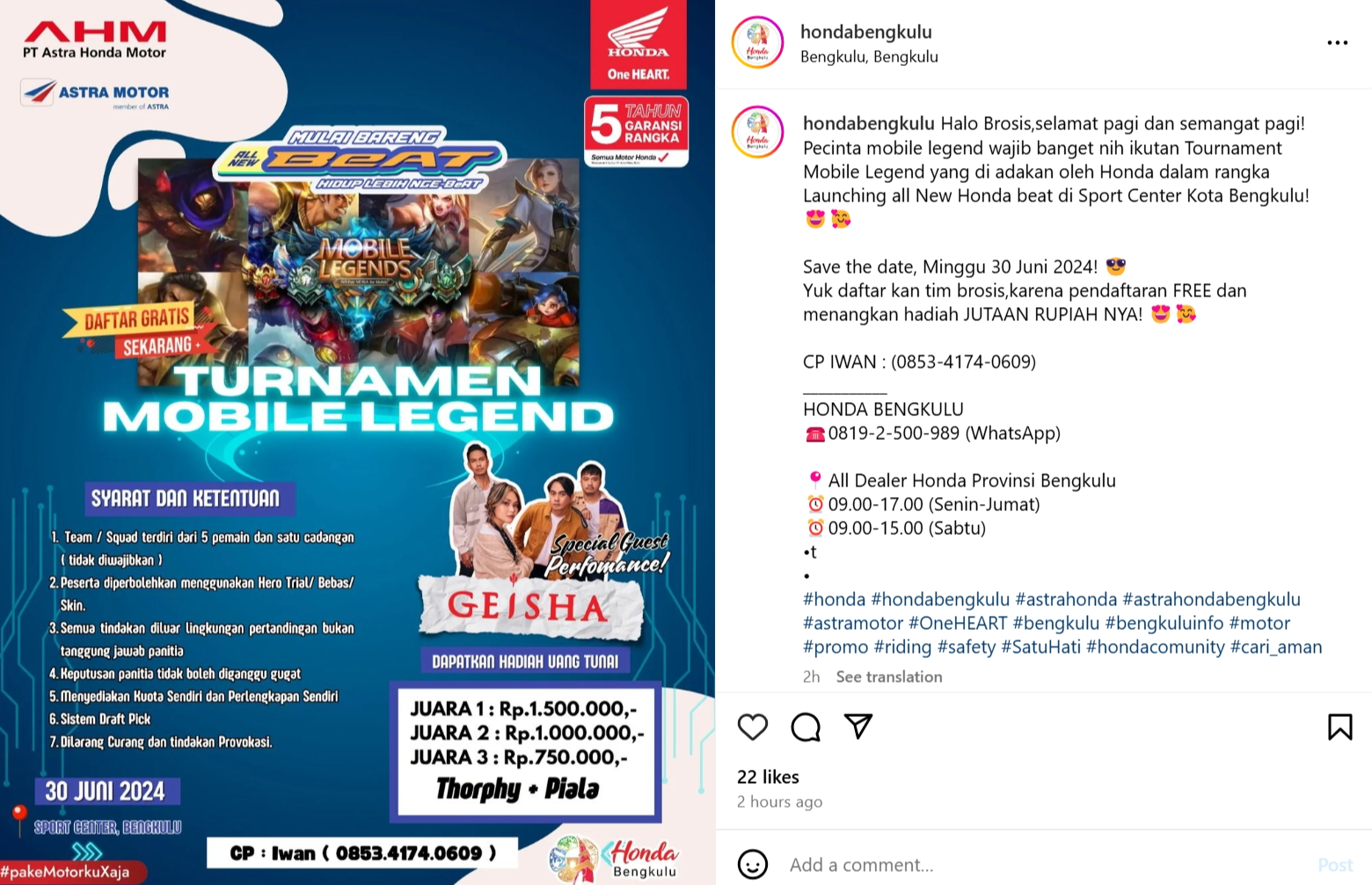 Honda Bengkulu Gelar Turnamen Mobile Legend Berhadiah Jutaan Rupiah