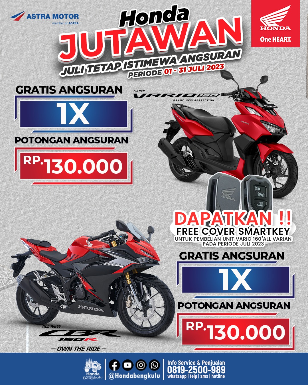 Honda Jutawan: Gratis 1 Kali Angsuran, Free Cover Smart Key dan Free Jaket dan Seat Jok Senilai Rp1,4 Juta